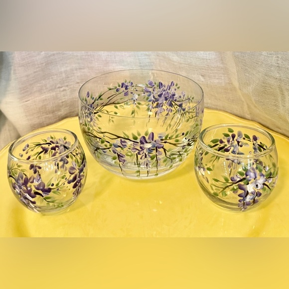 Signed Hand Painted Wisteria Bowl & Cup Set - Picture 5 of 10